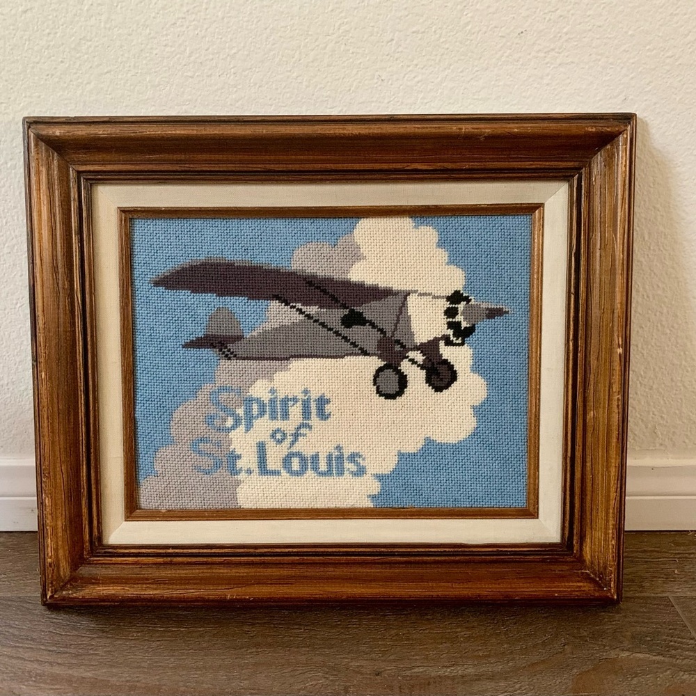VINTAGE FRAMED NEEDLEPOINT " Spirit Of St. Louis”picture 14/16”